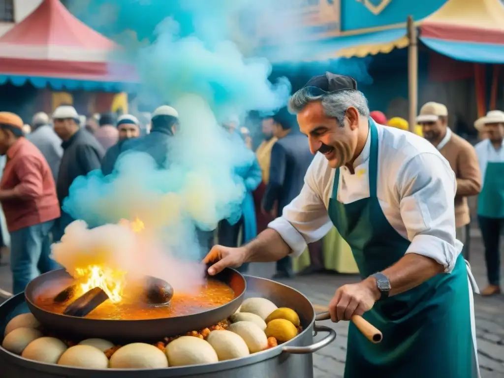 Un chef prepara una olla de guiso en el Carnaval Uruguayo, mientras los bailarines celebran en trajes coloridos