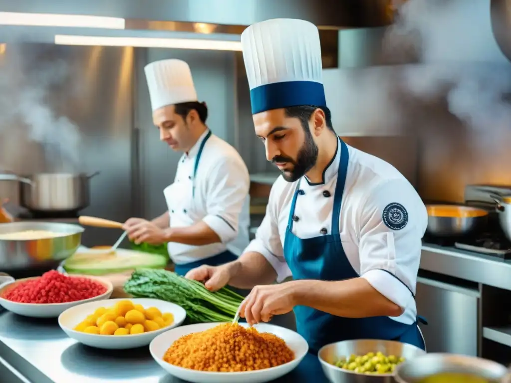 Chefs gastronomía Carnaval Uruguayo: Cocineros uruguayos preparando platos tradicionales con pasión en una cocina colorida y festiva