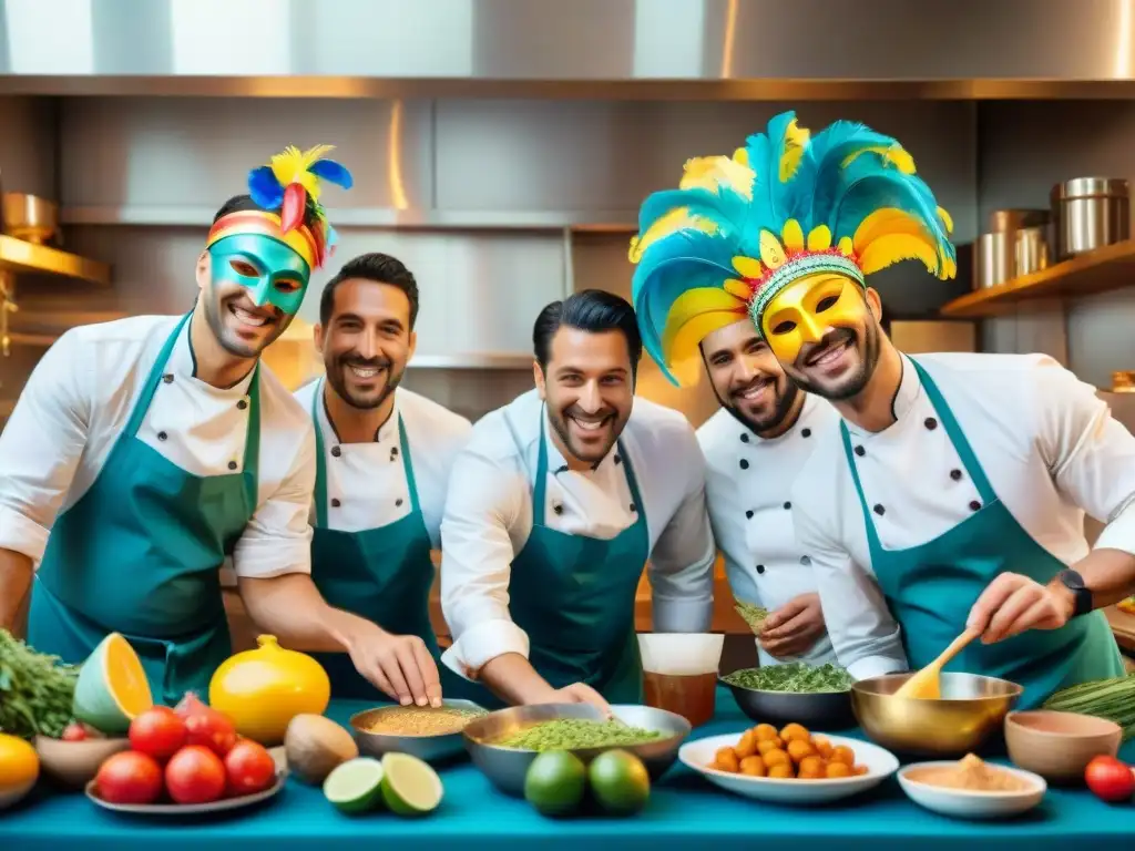 Chefs gastronomía Carnaval Uruguayo: Cocineros uruguayos, vestidos de carnaval, preparan platos festivos en una cocina bulliciosa