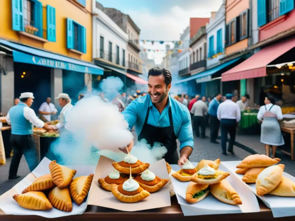 Chefs gastronomía Carnaval Uruguayo: Pintura acuarela vibrante de una calle en Montevideo durante Carnaval, llena de coloridos puestos de comida y chefs cocinando apasionadamente