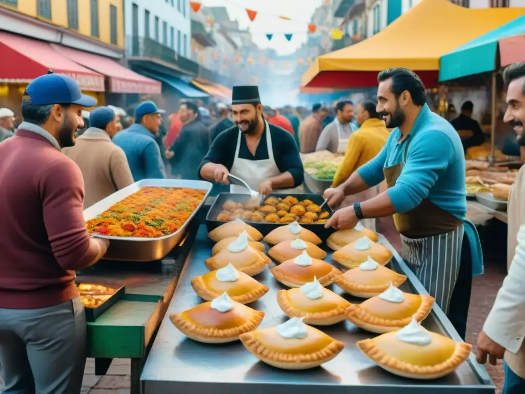 Chefs preparando delicias en el Carnaval uruguayo: coloridos puestos de comida y tradiciones festivas