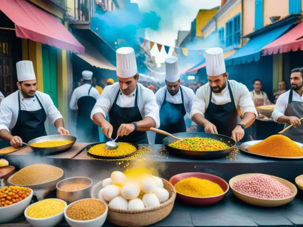 Chefs preparando delicias en el vibrante Carnaval de Uruguay, fusionando gastronomía y espectáculo