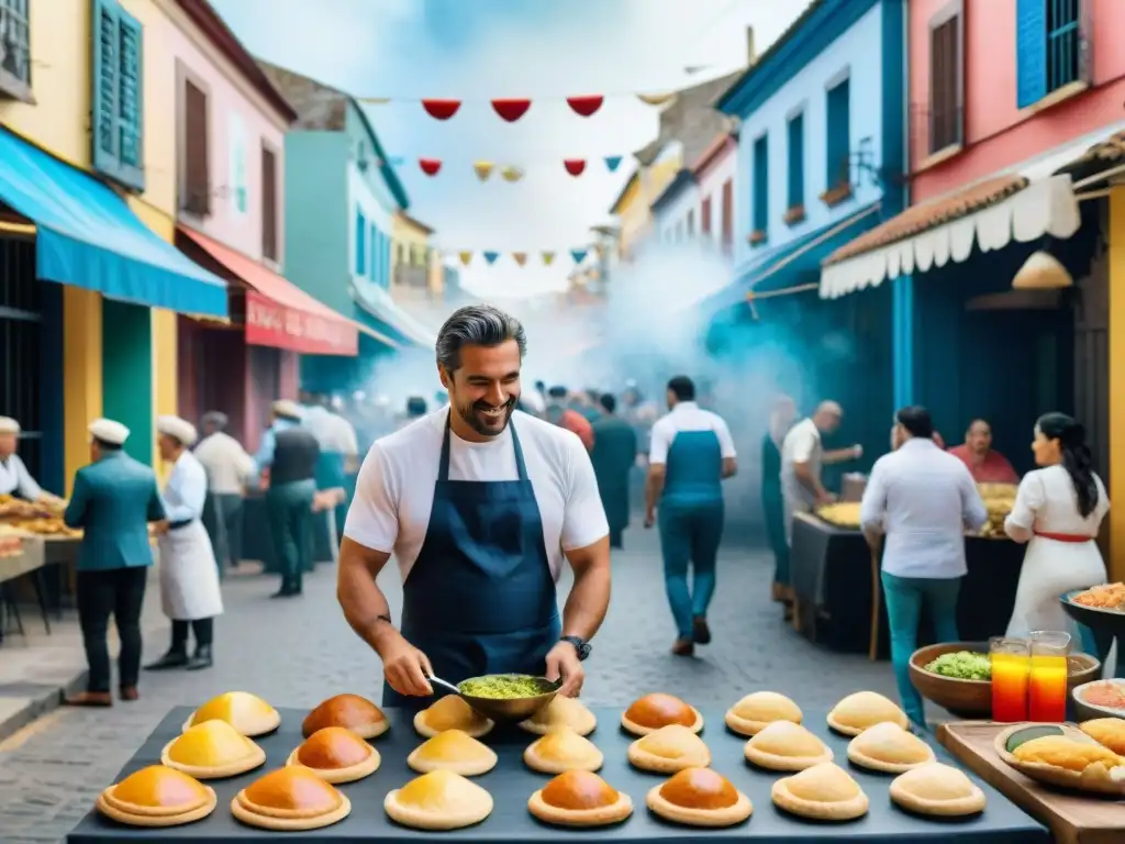 Chefs preparando delicias en el vibrante Carnaval Uruguayo con comida tradicional y coloridos disfraces