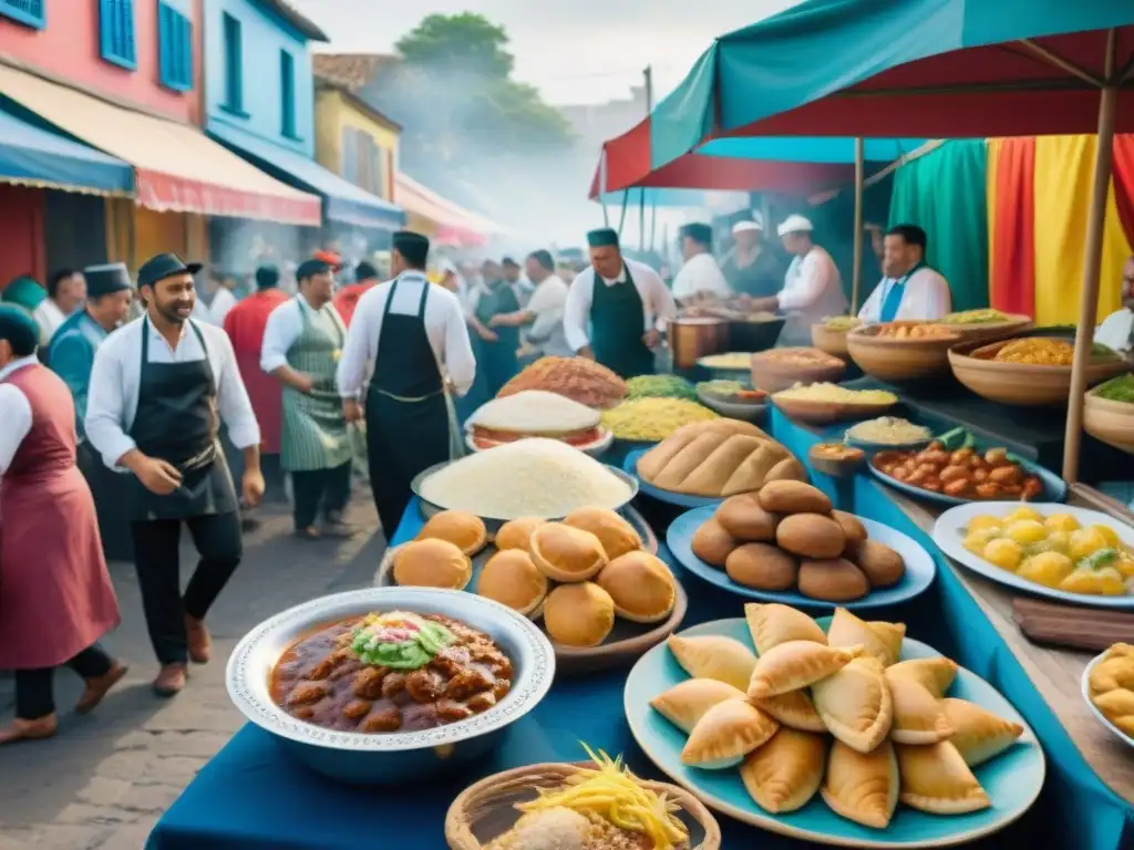 Chefs destacados en el vibrante Carnaval Uruguayo con coloridos puestos de comida y ambiente festivo