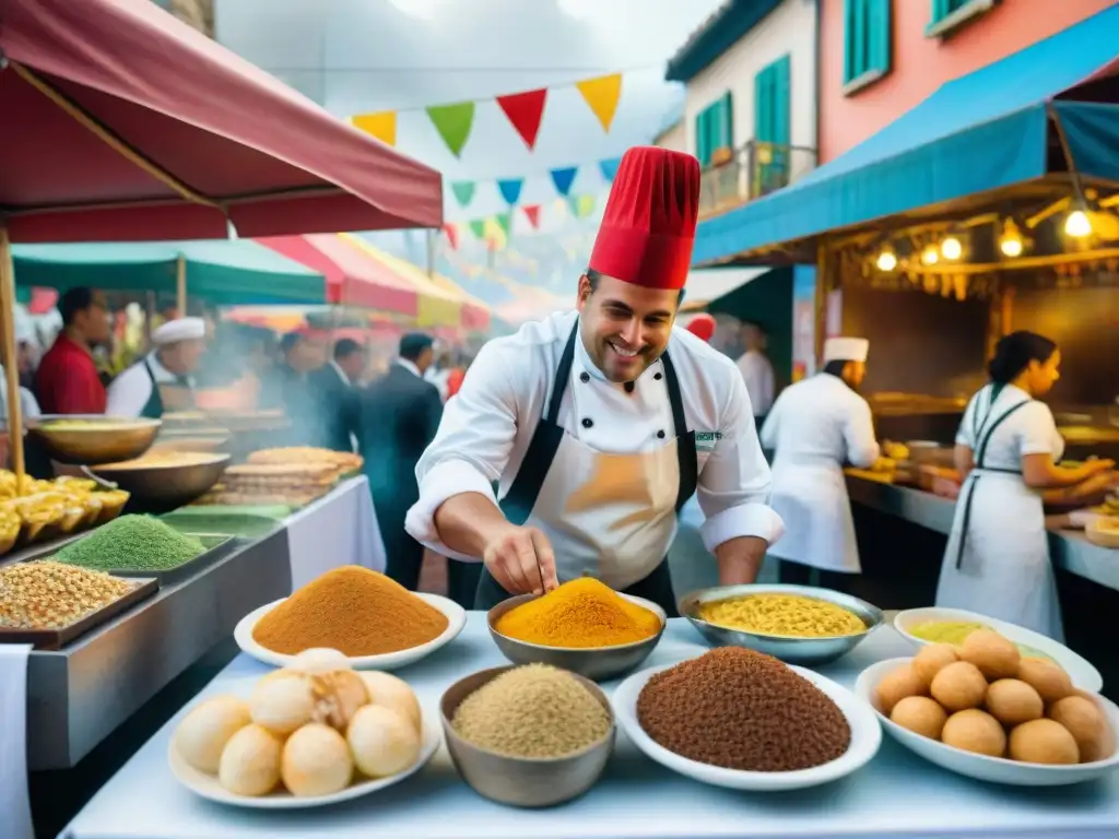 Chefs transforman ingredientes en arte en animado carnaval uruguayo con vibrantes puestos de comida y coloridos trajes festivos