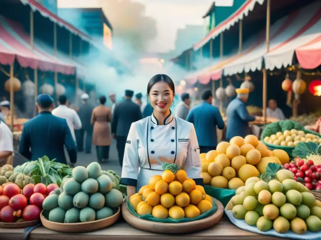 Chefs transforman ingredientes en arte en animado mercado de carnaval con frutas, vegetales y especias exóticas