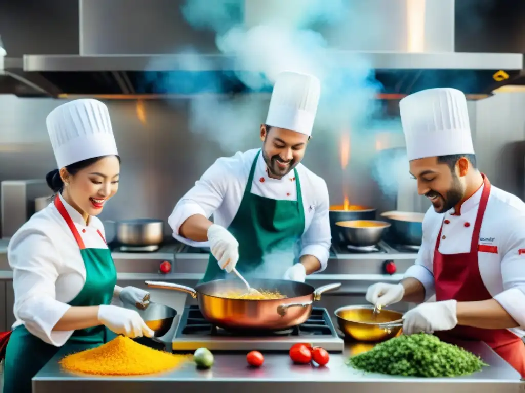 Chefs transforman ingredientes en arte en un bullicioso ambiente de carnaval, creando platos exóticos con pasión y creatividad