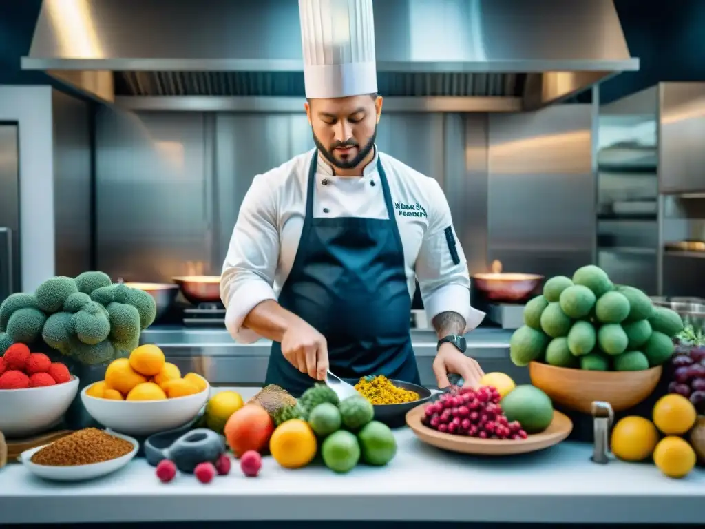 Chefs transforman ingredientes en arte en una cocina vibrante y creativa, plena de color y pasión culinaria