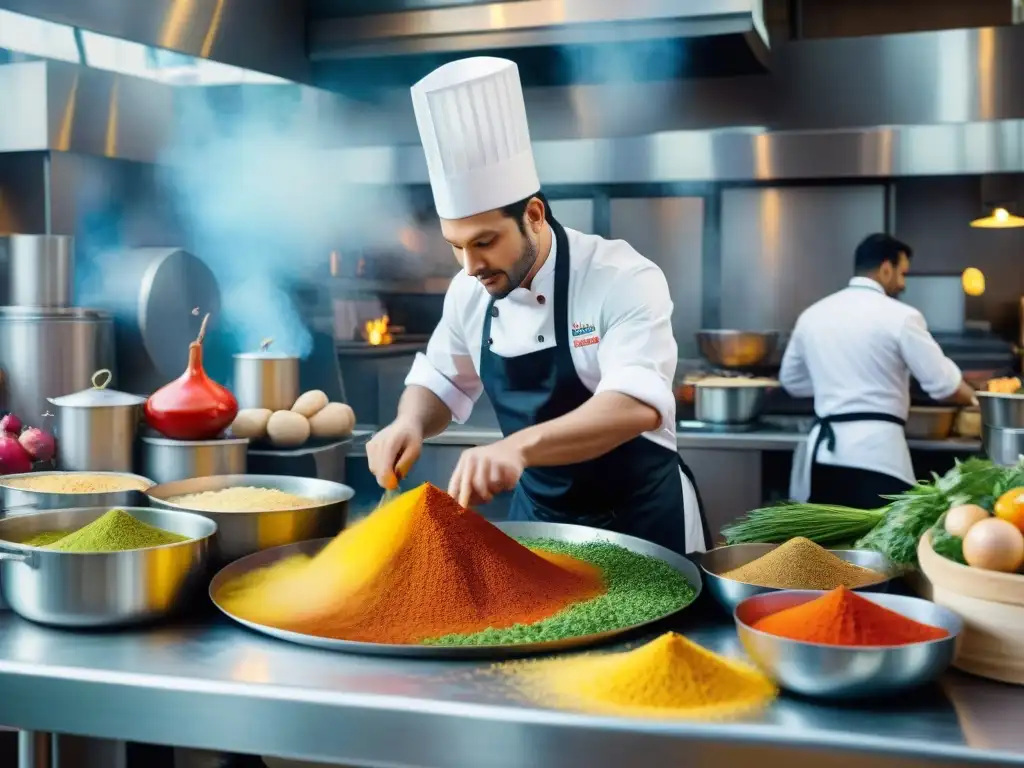 Chefs transforman ingredientes en arte en una cocina vibrante de carnaval, creando obras culinarias