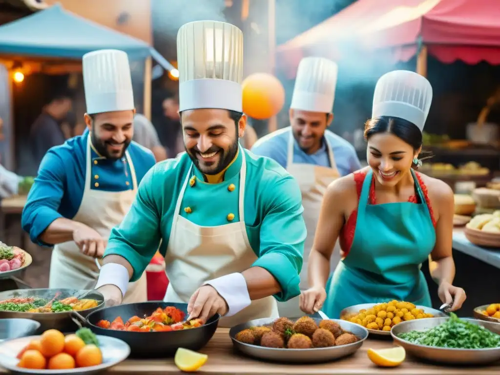 Chefs innovadores en trajes coloridos preparan platos inspirados en el Carnaval Uruguayo, rodeados de una atmósfera festiva vibrante