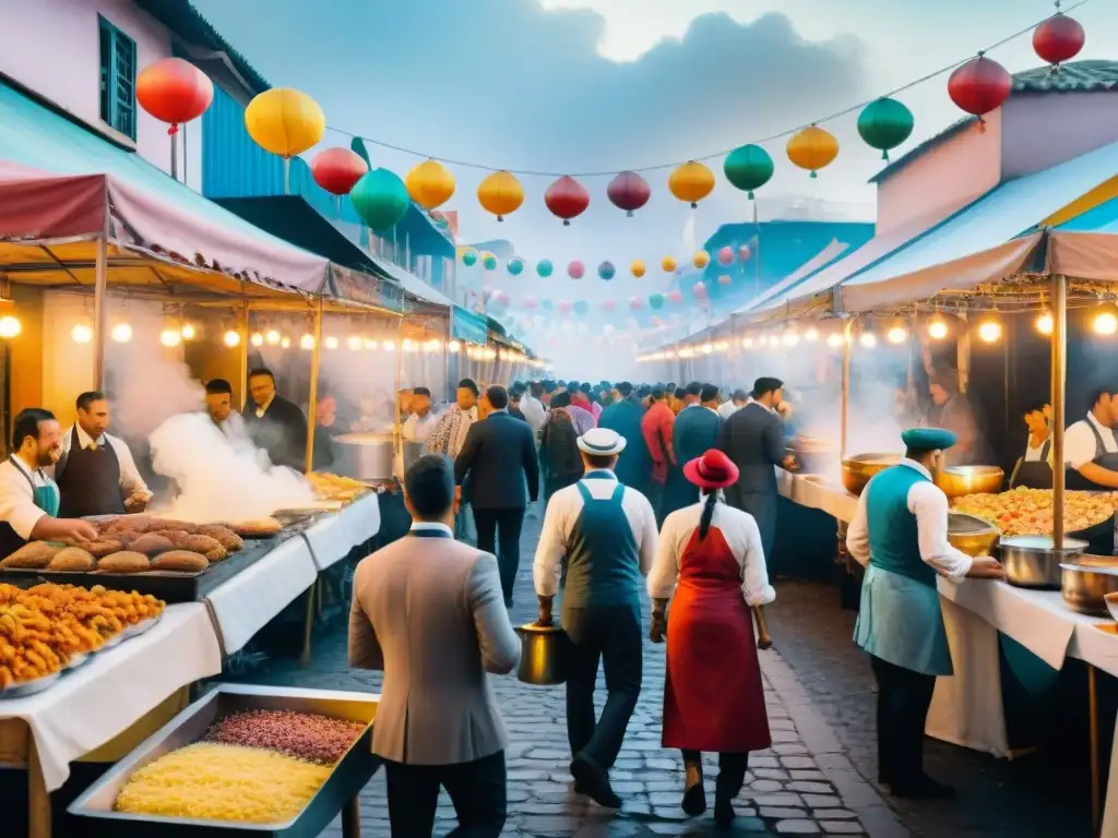 Chefs preparando platos tradicionales Carnaval Uruguayo innovadores en bulliciosa calle festiva