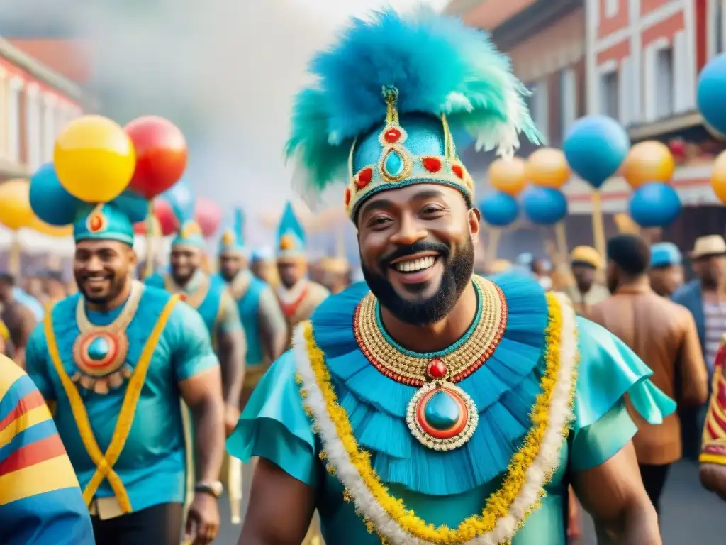 Participación ciudadana en el Carnaval: Detallado cuadro acuarela de un desfile vibrante y alegre con carrozas y trajes coloridos