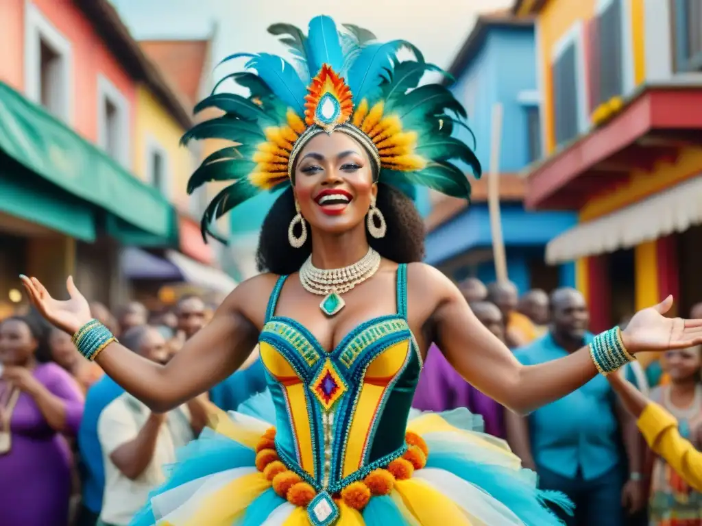 Clementina, vedette afrouruguaya en Carnaval, irradia energía y orgullo en su traje festivo rodeada de multitudes alegres