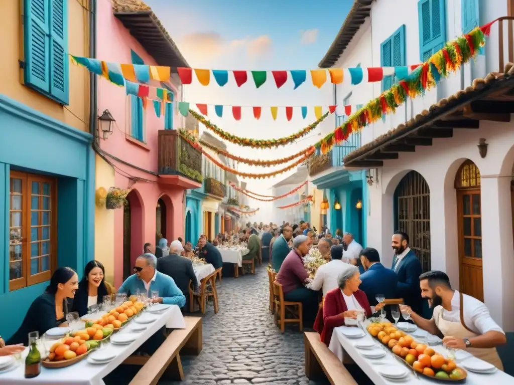 Colorida calle de Carnaval en Uruguay: chefs fusionando culturas Cocina festiva en Carnaval Uruguayo: Chefs preparando platos en una calle colorida y bulliciosa, fusionando culturas en un ambiente alegre y vibrante
