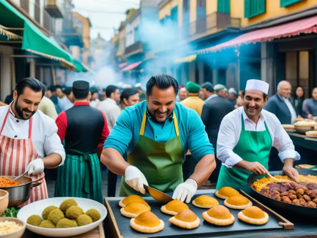 Sabores del Carnaval en Montevideo: Cocina Uruguaya Cocina festiva en Carnaval Uruguayo: Colorida escena callejera en Montevideo con chefs y comida tradicional uruguaya