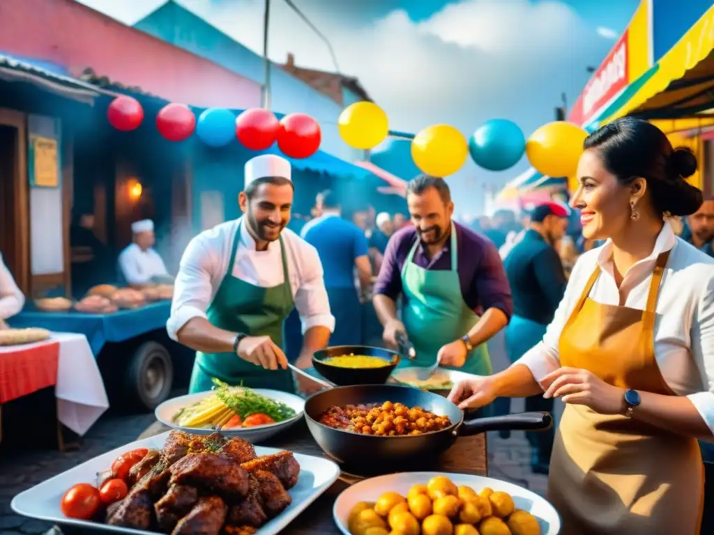 Cocina tradicional en Carnaval Uruguayo: Chefs preparando asado y chivito en coloridos puestos de comida durante el vibrante desfile