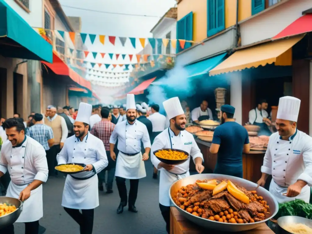 Cocina tradicional en Carnaval Uruguayo: Chefs preparando platos típicos entre la alegría y colorido de la celebración