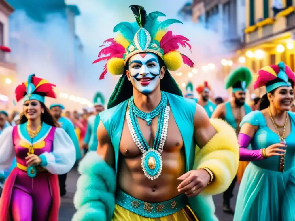 Colaboración exitosa en Carnaval Uruguayo: escena vibrante de desfile con carrozas coloridas, trajes detallados y danzas entusiastas