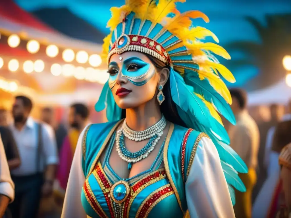 Una colección de trajes de carnaval uruguayo, llenos de coloridos detalles y atmósfera festiva