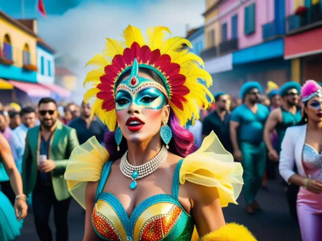 Soñando en color: Drag Queens en Carnaval Uruguayo danzan con energía en la calle, rodeadas de espectadores y decoraciones vibrantes