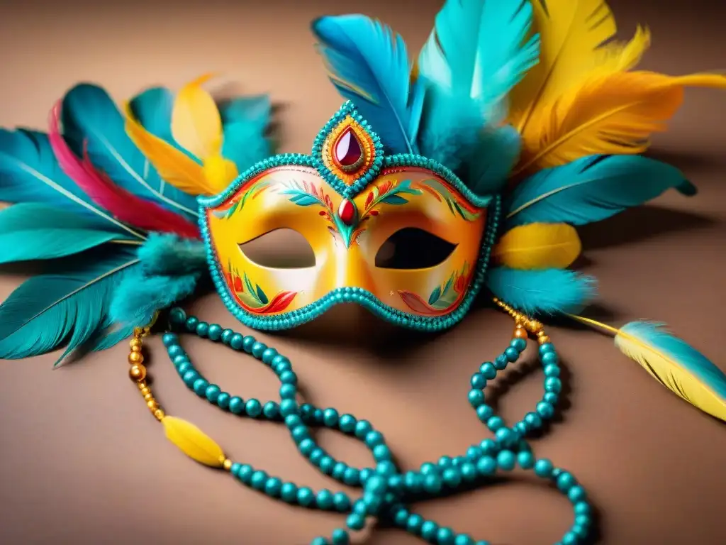 Una colorida ilustración acuarela de Accesorios originales para Carnaval en Uruguay: máscaras elaboradas, plumas y ornamentos detallados