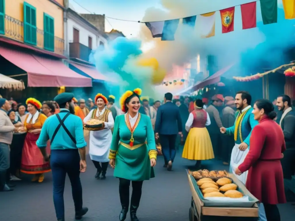 Una colorida ilustración en acuarela muestra la animada Gastronomía del Carnaval Uruguayo con puestos de comida tradicional y ambiente festivo