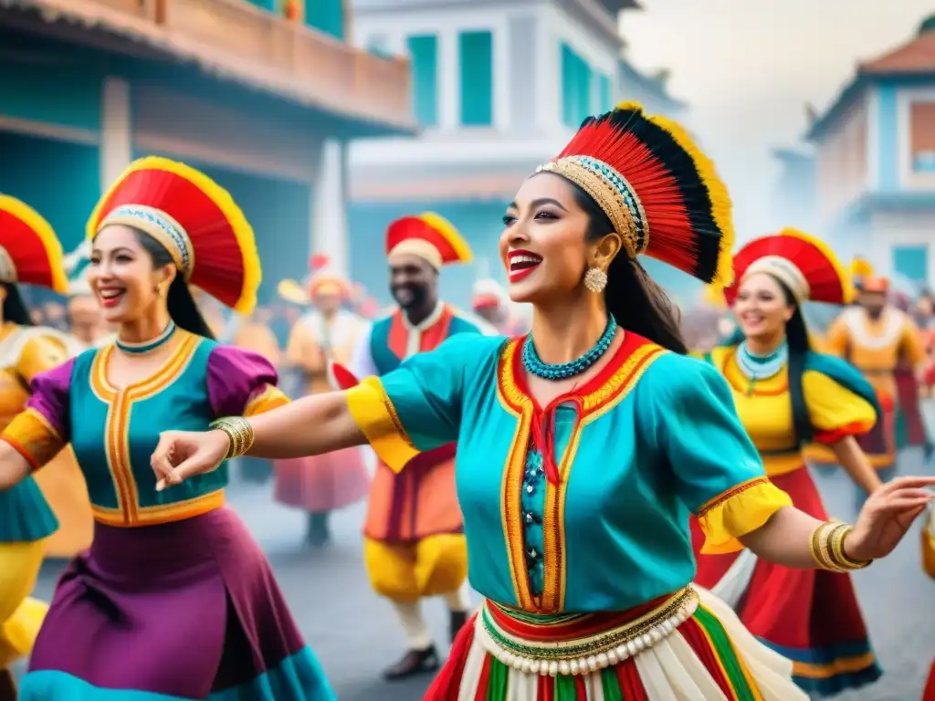 Colorida ilustración acuarela de artistas de todo el mundo en trajes tradicionales, danzando en el Carnaval Uruguayo