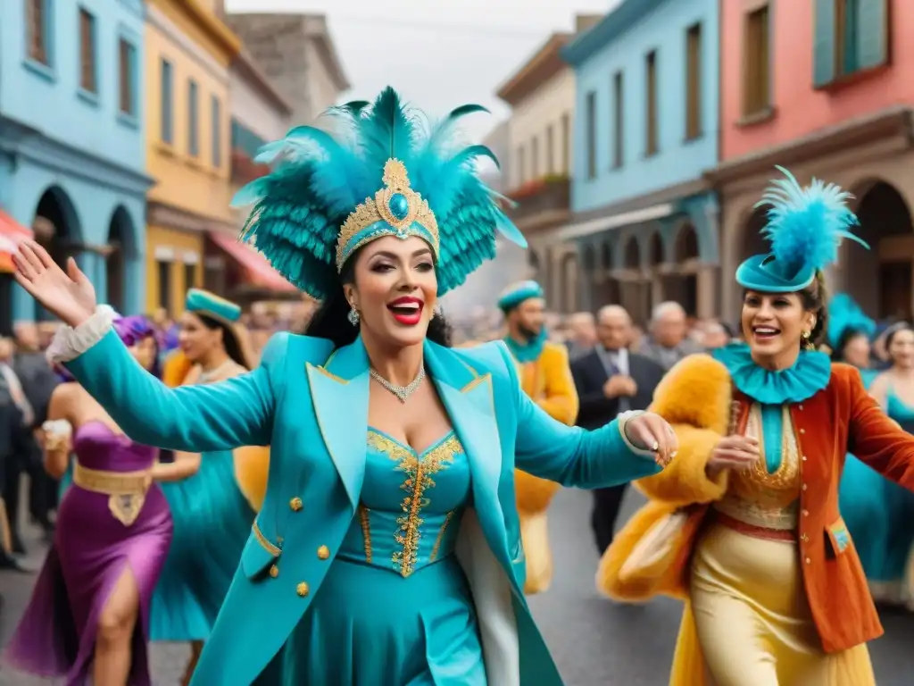 Colorida producción audiovisual del Carnaval Uruguayo, con deslumbrantes carrozas, bailarines y espectadores felices