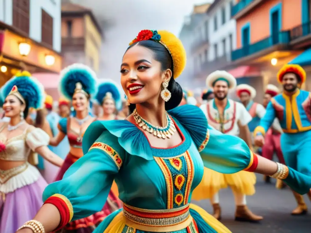 Una colorida ilustración acuarela de bailarines de diversas culturas celebrando el Carnaval Uruguayo