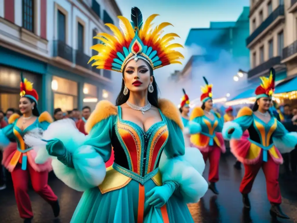 Colorida ilustración acuarela de bailarines con trajes tecnológicos en el Carnaval Uruguayo