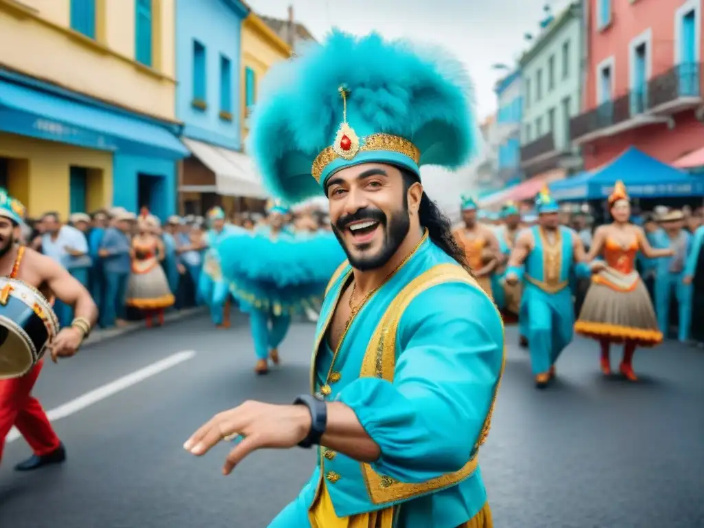 Colorida banda sonora Carnaval Uruguayo: desfile callejero con danzas, música y carros alegóricos