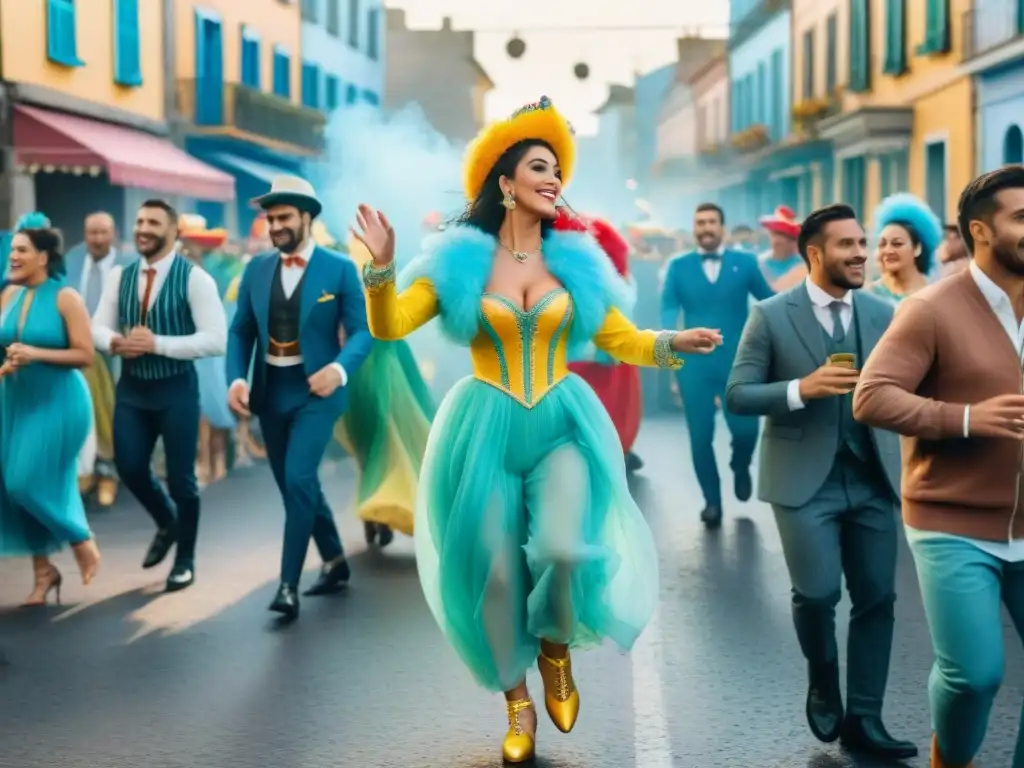 Una colorida ilustración acuarela de un bullicioso desfile en Uruguay durante el Carnaval, con carros alegóricos, bailarines y espectadores