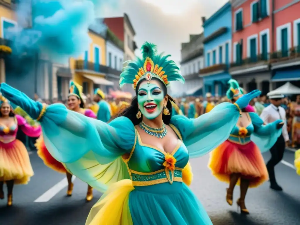 Una colorida ilustración acuarela del bullicioso desfile de Carnaval en Uruguay, con carrozas, bailarines y espectadores alegres