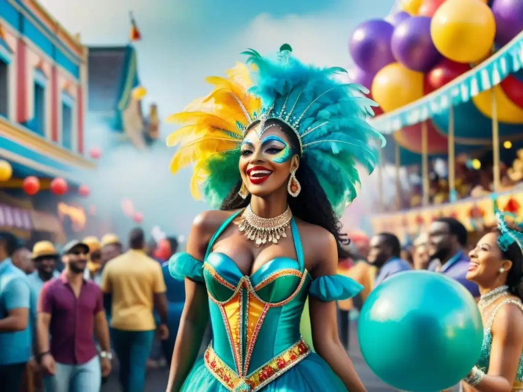 Una colorida calle de carnaval llena de alegría y energía, con carrozas, bailarines y espectadores disfrutando