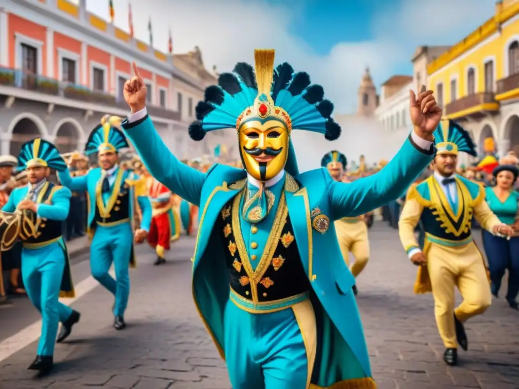 Colorida procesión callejera durante el Carnaval Uruguayo, reflejando la cultura comunitaria