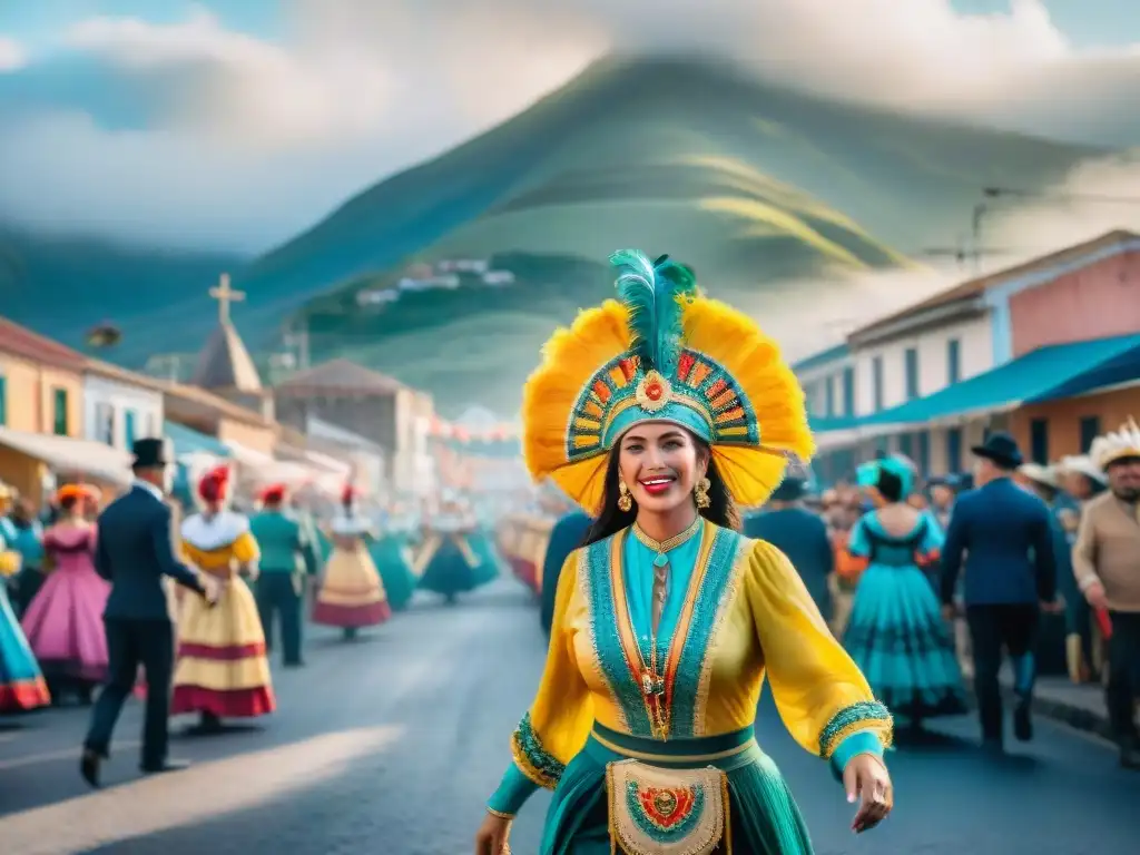 Colorida procesión callejera durante Carnaval Uruguayo en el interior del país