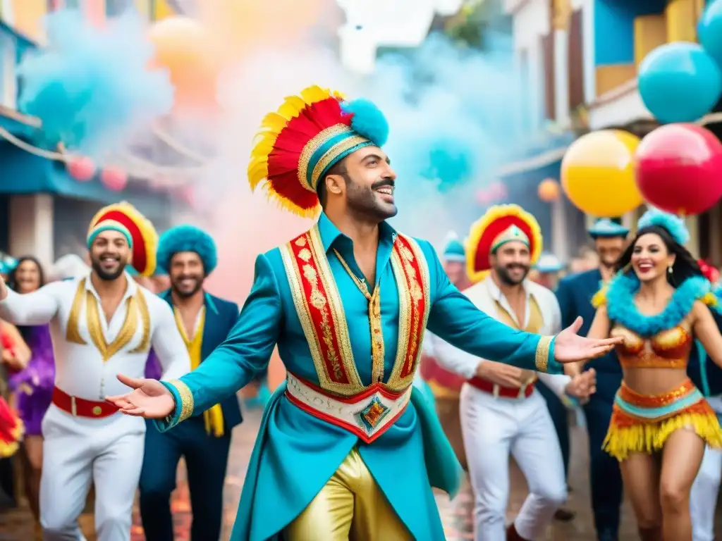 Colorida ilustración acuarela de carnaval en Uruguay, con artistas alegres y trajes elaborados bailando al ritmo de la música