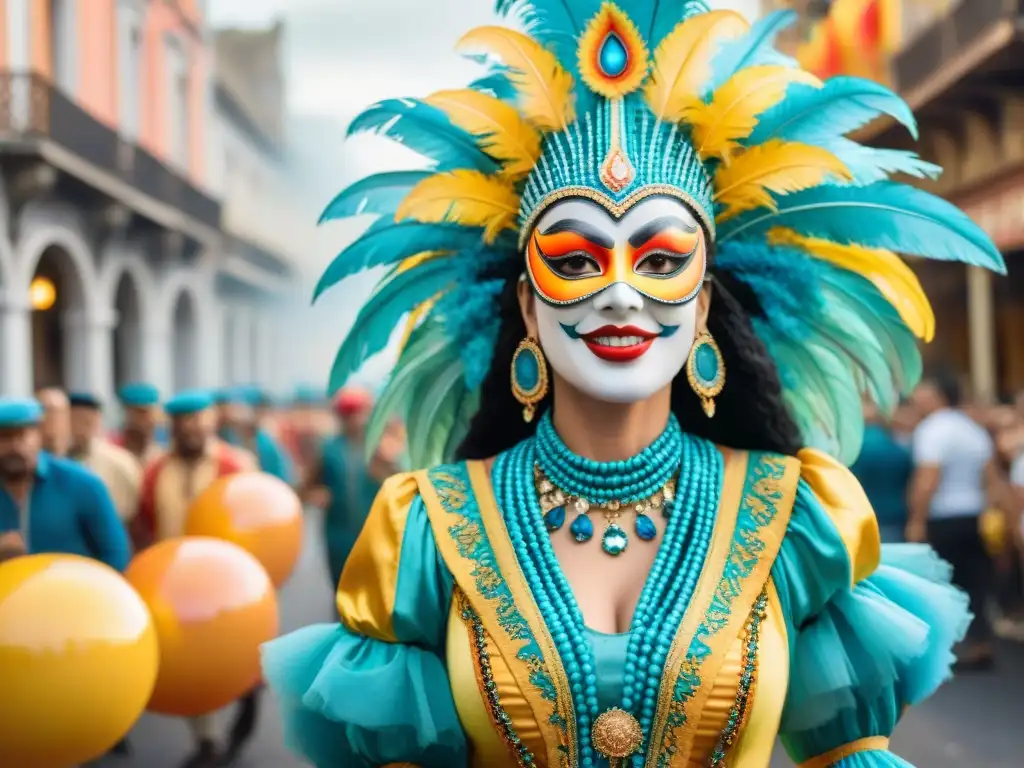 Una colorida ilustración acuarela del Carnaval en Uruguay, con carrozas, bailarines y espectadores disfrutando de la festividad