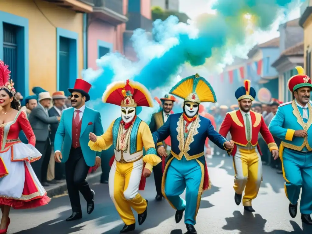 Colorida procesión de carnaval en Uruguay, transmitiendo la cultura festiva a través de generaciones