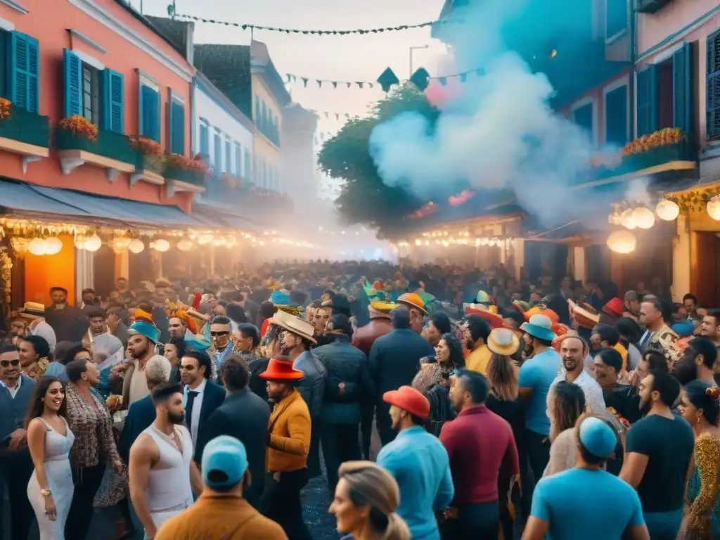 Colorida ilustración acuarela de Carnaval en Uruguay, con desfiles, música y alegría