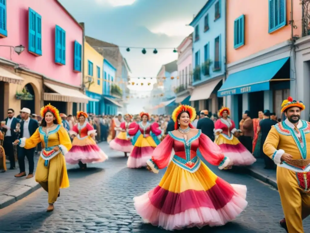 Celebración colorida de Carnaval en Uruguay, con desfiles, música y alegría