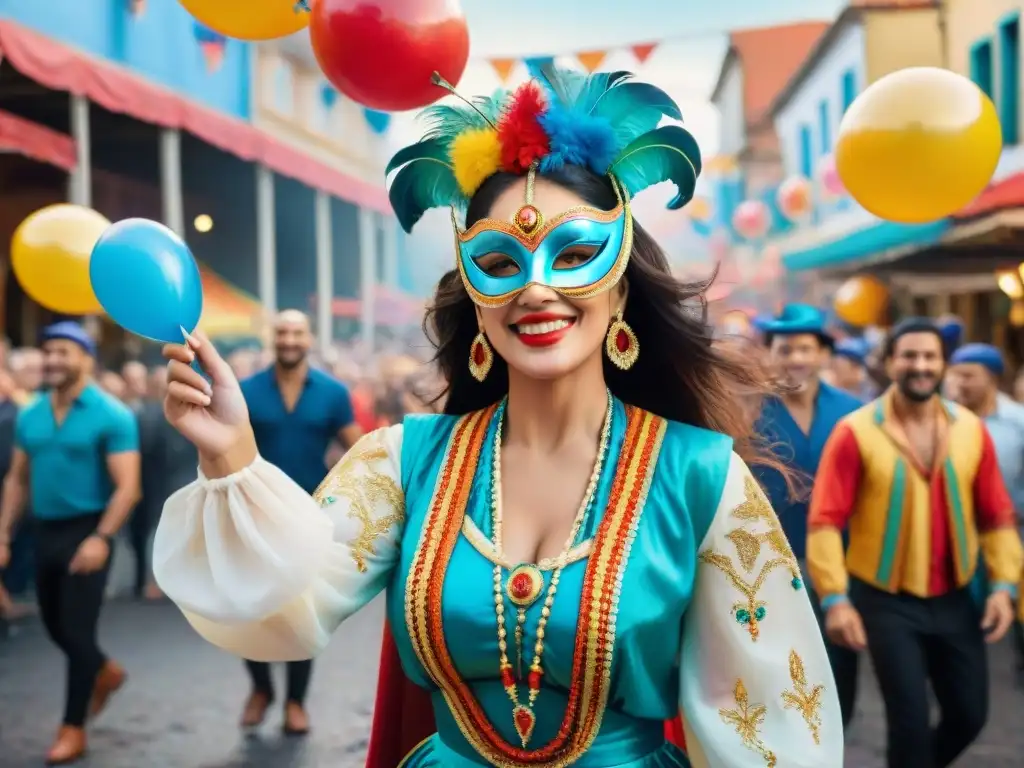 Colorida ilustración de carnaval en Uruguay con desfiles, danzas y coberturas seguro viaje Carnaval Uruguayo