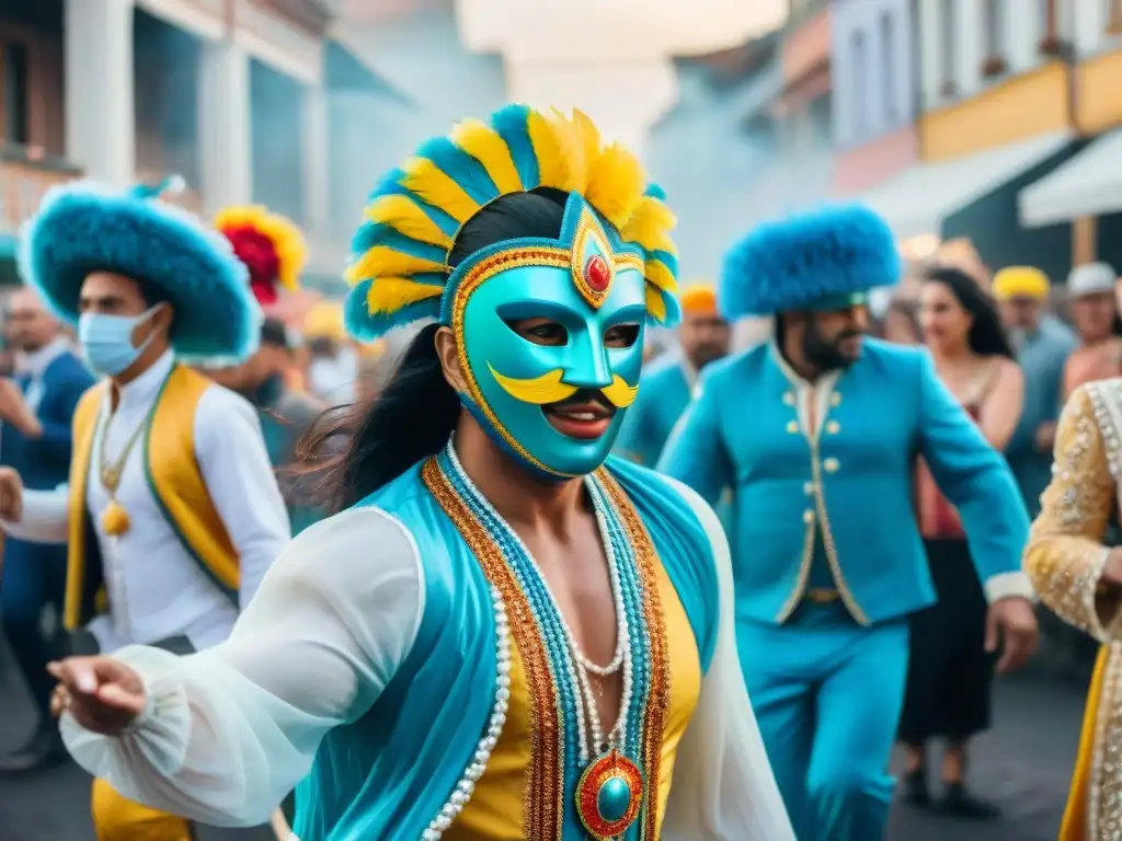 Una colorida ilustración acuarela del Carnaval en Uruguay, con gente alegre bailando y celebrando en un desfile vibrante