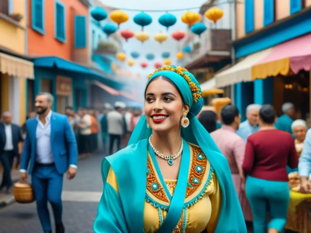 Colorida ilustración acuarela de Carnaval en Uruguay con gente disfrutando la Comida del Carnaval de Uruguay