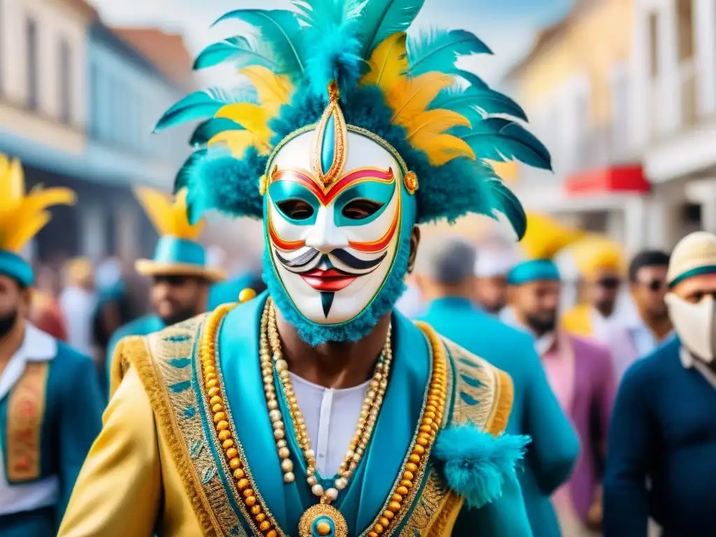 Una colorida ilustración acuarela del Carnaval en Uruguay con personajes destacados