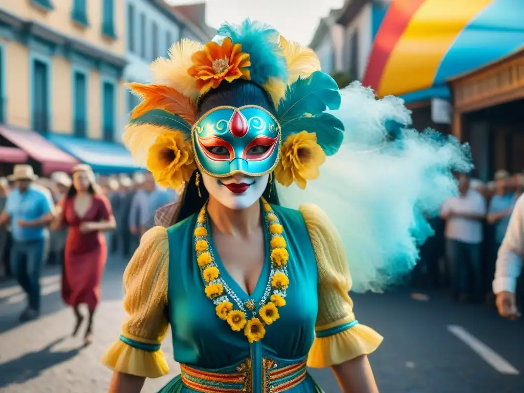 Una colorida ilustración acuarela del Carnaval en Uruguay con trajes y bailes tradicionales, capturando la energía festiva