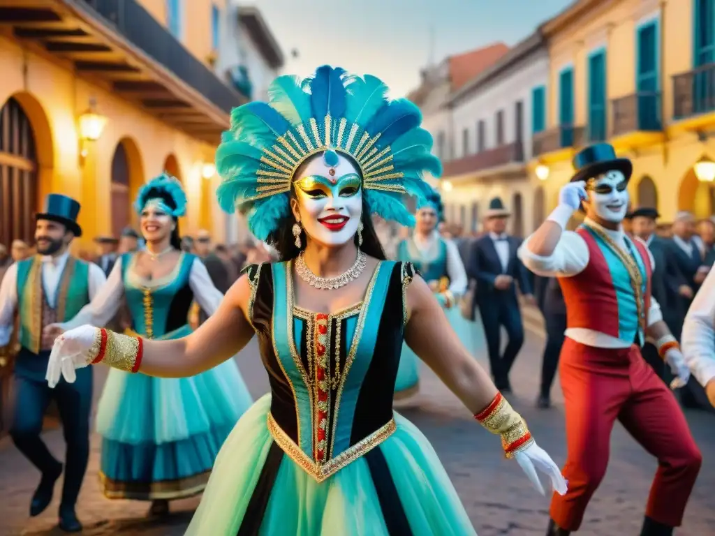 Colorida preparación Carnaval Uruguayo: bailarines con trajes y máscaras en las calles de Montevideo