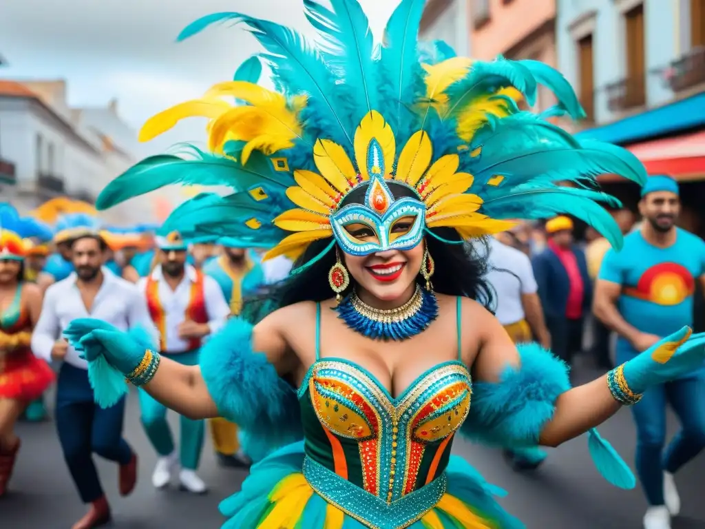 Colorida preparación Carnaval Uruguayo: bailarines con máscaras y plumas, danzan al ritmo de tambores en la calle abarrotada