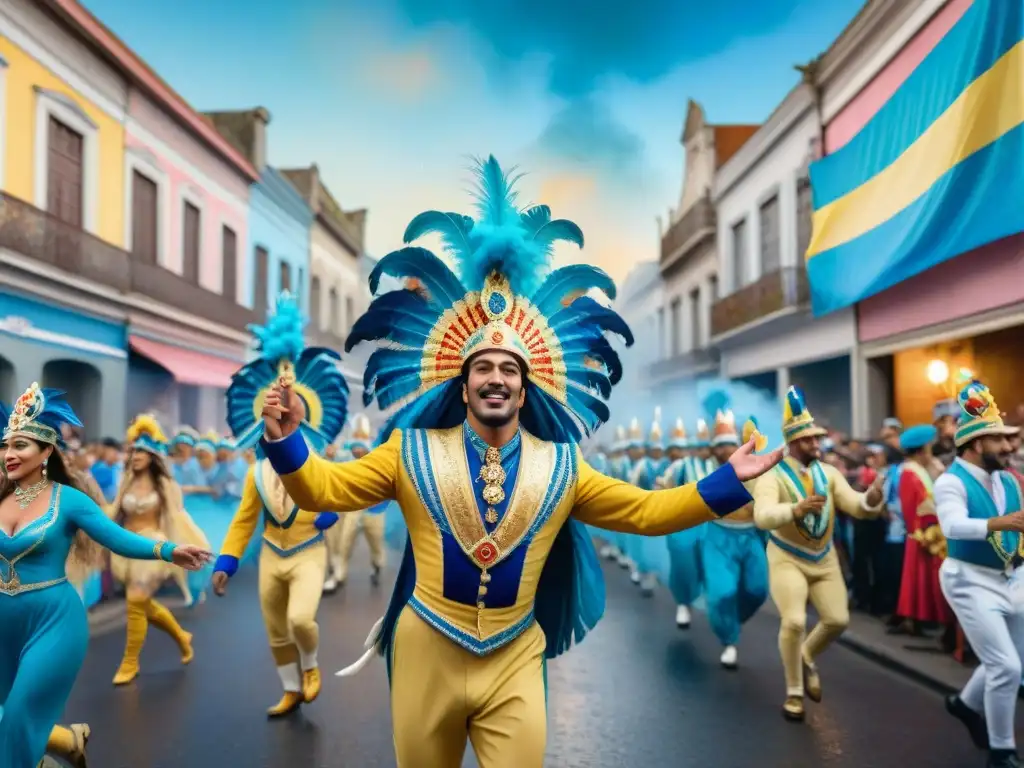 Una colorida fotografía del Carnaval Uruguayo con bailarines, músicos y espectadores animados en las calles históricas