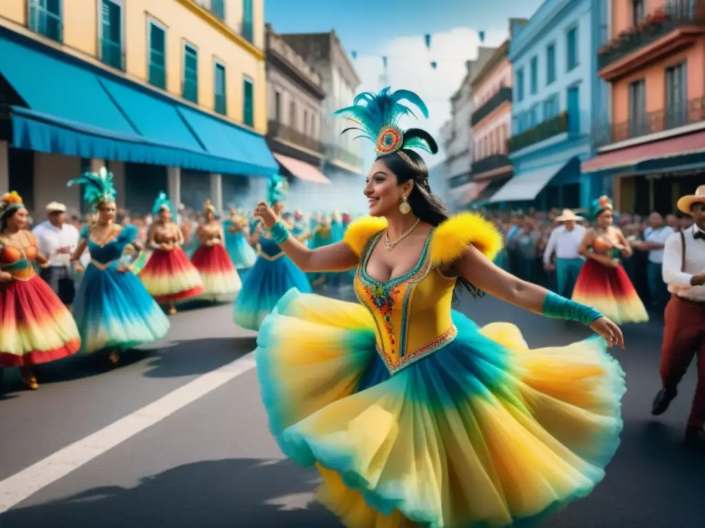 Una colorida fotografía del Carnaval Uruguayo, con bailarines, músicos y espectadores disfrutando del desfile festivo en una bulliciosa calle